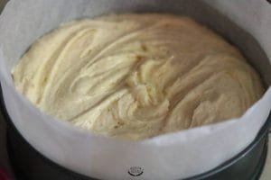 gâteau renversé à la rhubarbe avant cuisson